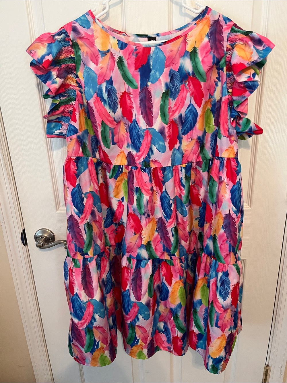 SHEIN Multicolor Feather Print Ruffle Sleeve Dress